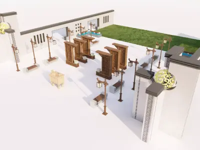 Modular Chinese Japanese Archway Lantern and Bench Set 3D model