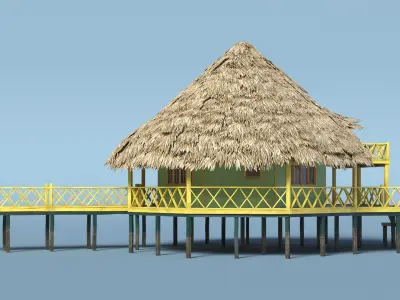  Seaside Hut with Palm Leaf Roof and Elevated Deck Yellow Railings 