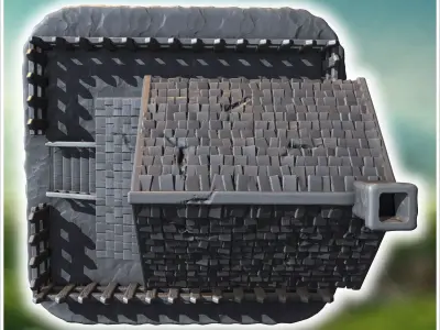 Intact wooden house with a picket fence front porch and a chimne 3D print model