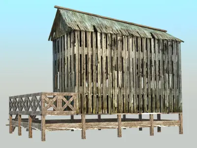 Barrack wooden house with awning 3D model