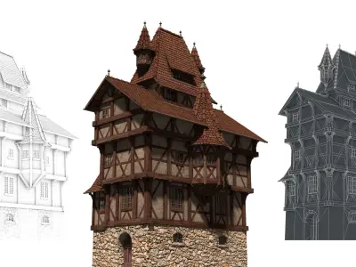 Half-timbered house from the 17th CENTURY Low-poly 3D model