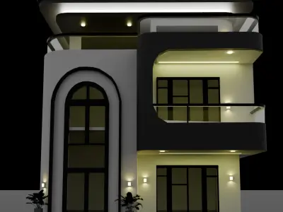 Modern Two-Story House Exterior  Night Render 3D model