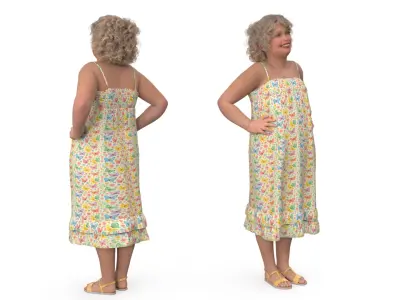  Obese Child Girl in Colorful Summer Dress Posed Smiled 