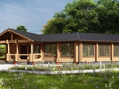 3D model of a wooden bathhouse with a pool 3D model