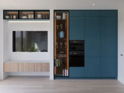 U-Shape modern mini kitchen in blue and walnut 3D model 3D model