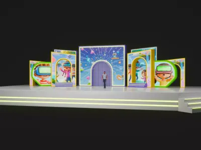 VR Kids Tech Event Stage Set 3D Model and Cartoon Backdrop 3D model