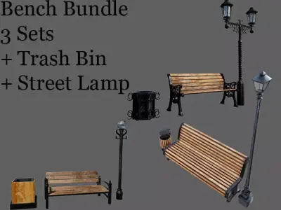 Urban Bench Set - 3 Variations - Trash Bin and Street Lamp Low-poly 3D model