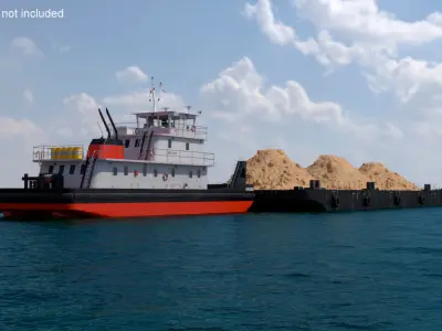  Push Boat Ship with Pontoon Barge with Sand on Water 