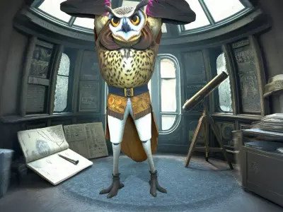 Wise Owl Astronomer in Velvet Robe Low-poly 3D model