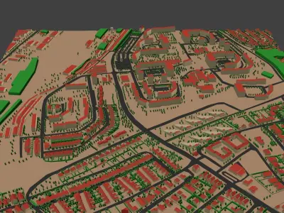 City model with trees and buildings Low-poly 3D model