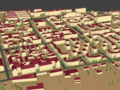 Village low poly city with buildings and trees Low-poly 3D model