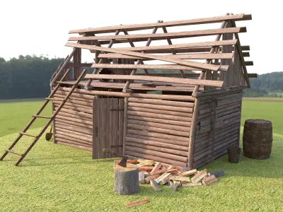 barn4 log cabin in middle of grassy field Low-poly 3D model