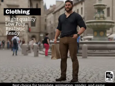 Realistic Male Casual Outfit - Blue Henley Brown Chinos Low-poly 3D model