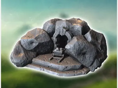 Medieval mine entrance with large boulders and carved stone port 3D print model