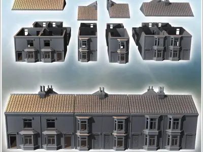 Set of three buildings with large bay windows and a backyard sur 3D print model purchase
