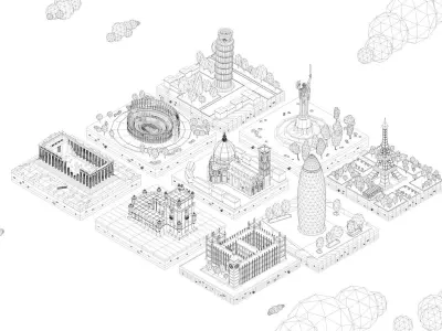 Cartoon Low Poly Europe Landmarks Pack Low-poly 3D model