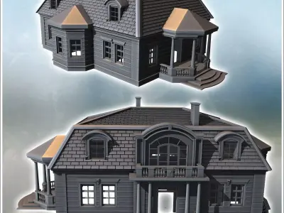 Elegant villa featuring arched windows sloped tiled roof balcony 3D print model