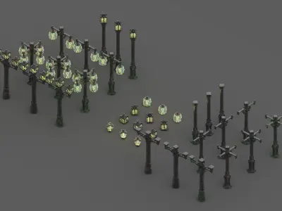 Modular Voxel Street Lights Bundle 3 Styles Clean Rusted Mossy Low-poly 3D model