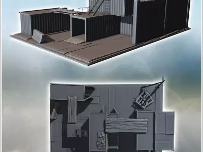 Stacked shipping containers forming a makeshift structure with l 3D print model