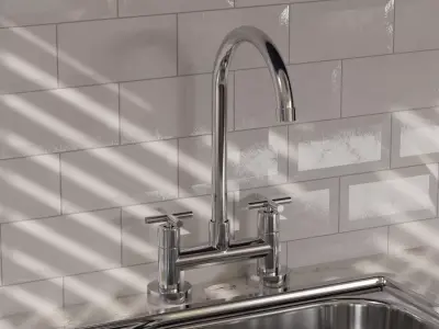 Modern Kitchen Faucet Chrome - High Poly Double Handle 3D model