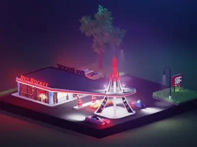 Low poly Red Rocket Station diorama Low-poly 3D model