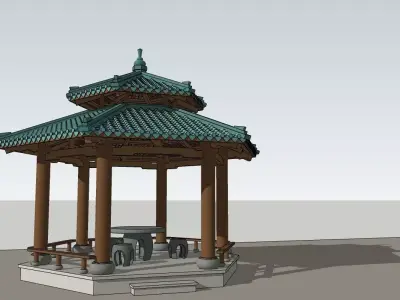 Traditional Asian Pavilion-Wooden Structure with Tiled Roof 3D model