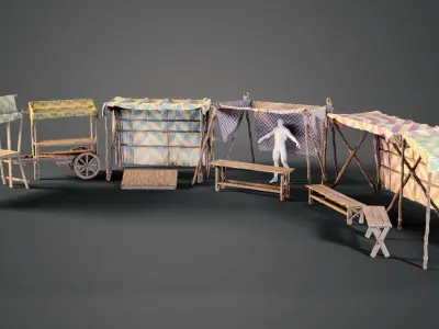 Medieval market stalls Low-poly 3D model