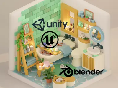 Isometric Cozy Stylized Bathroom Design for Unity Low-poly Game Low-poly 3D model