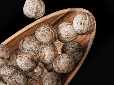 Walnut v2 in a wooden nut bowl Low-poly 3D model