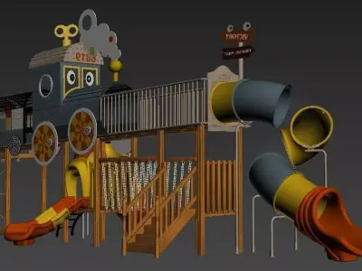 Large children amusement equipment train plank road theme play 3D model