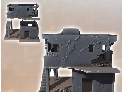 Damaged desert building with electrical pole demolished terrace  3D print model