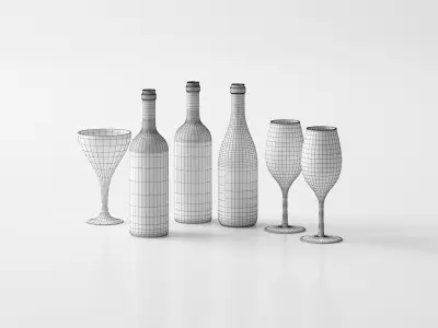 Realistic Wine Bottles and Glasses Free 3D model