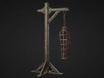 Gibbet wooden pole with basket hanging from it Low-poly 3D model