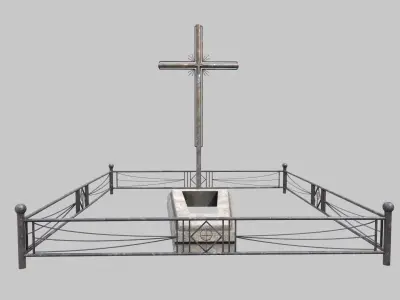 Grave With Fence and Metal Cross Low-poly 3D model