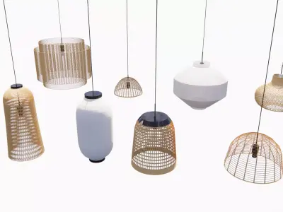 Woven Rattan Pendant Lamps and Chinese Lantern  3D model