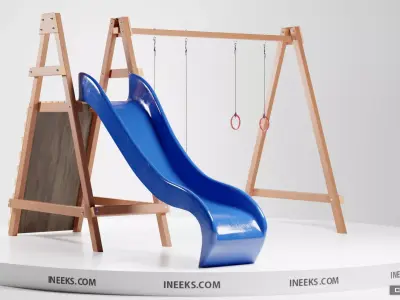 Wooden outdoor swing set with slide 3D model