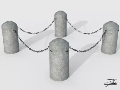 Bollards four concrete posts with chains Low-poly 3D model