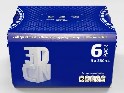 6 pack 330ml beverage cans in a cardboard sleeve 3D model