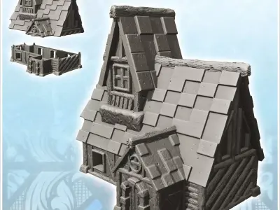 Medieval half-timbered house with large roof and floor 1 - Medie 3D print model