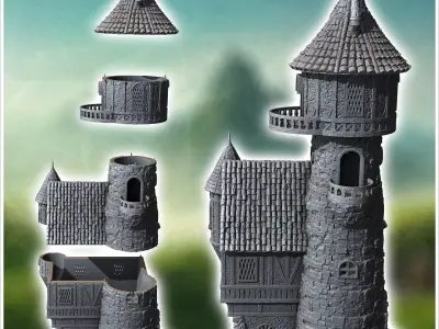 Medieval stone tower with adjoining house balconies and fireplac 3D print model