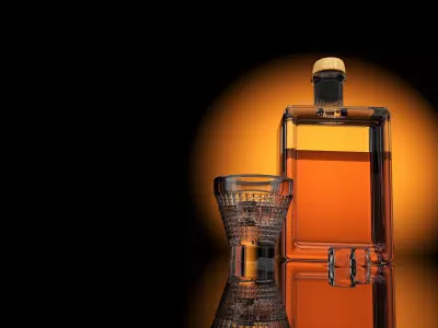 Square whisky bottle and glass with ice cubes 3D model