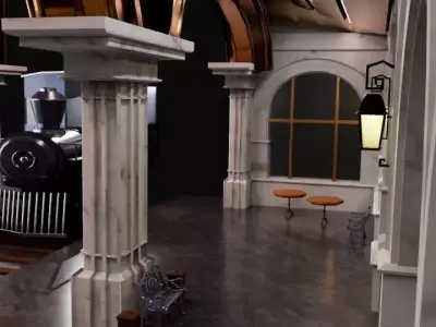 Oldfashioned Train Station with Train 3D model