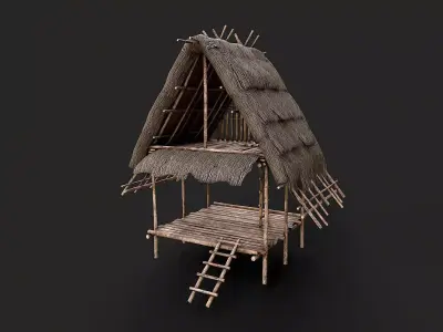 Primitive Wooden Shelter with Thatch Roof 1  Low-poly 3D model