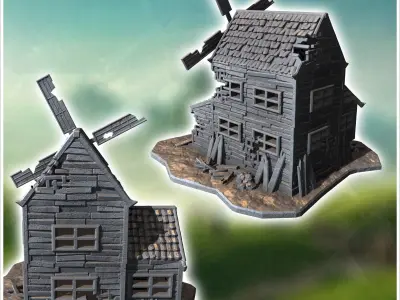 Old wooden windmill with broken blades damaged walls and scatter 3D print model