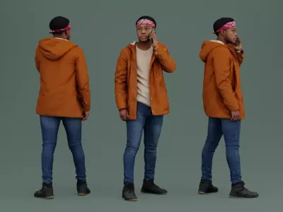 Guy in Orange Jacket with Smartphone 3D model