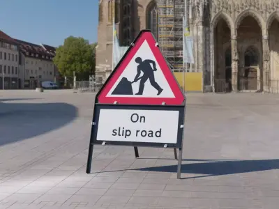 Men At Work On Slip Road Triangular Road Sign Low-poly 3D model