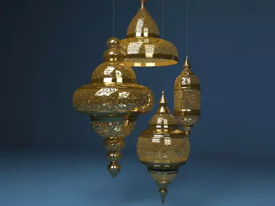Moroccan Hanging Lamp Collection - Gold Finish Lantern 3D model