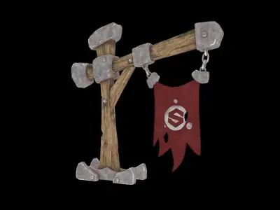 Signpost wooden cross with banner hanging from it 3D model