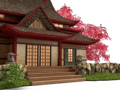 Asian Japanese stylised temple Game Ready Low-poly 3D model