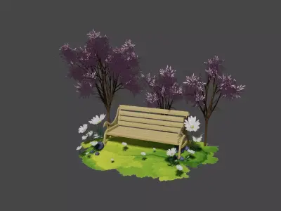 Stylized Park Bench Scene Garden Environment Low Poly Low-poly 3D model